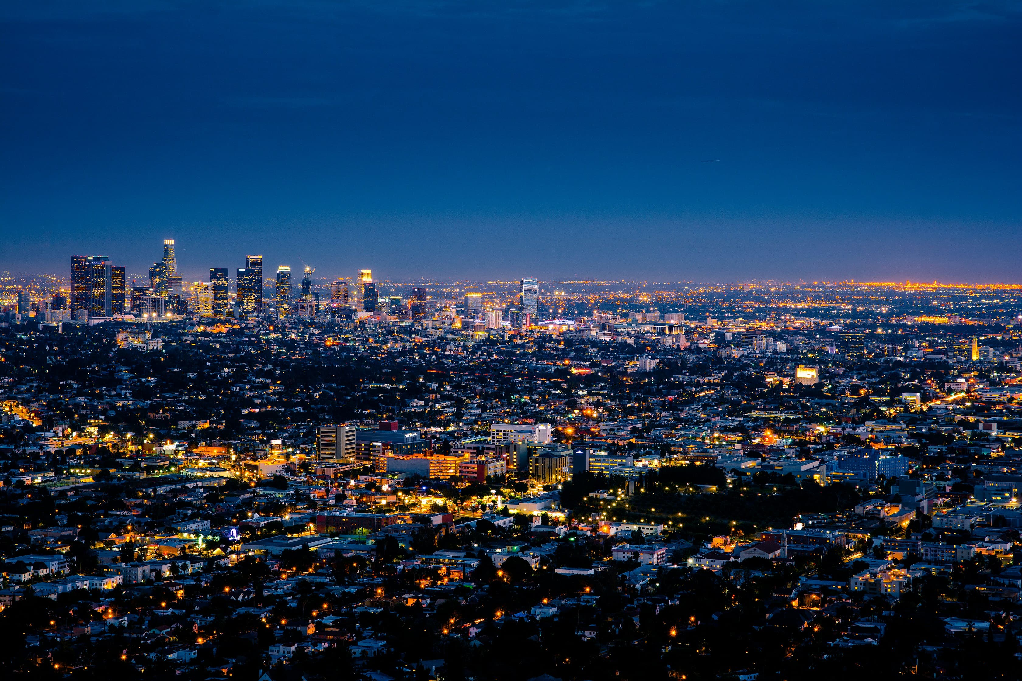 Downtown Los Angeles skyline at dusk representing Mercury Insurance's California headquarters