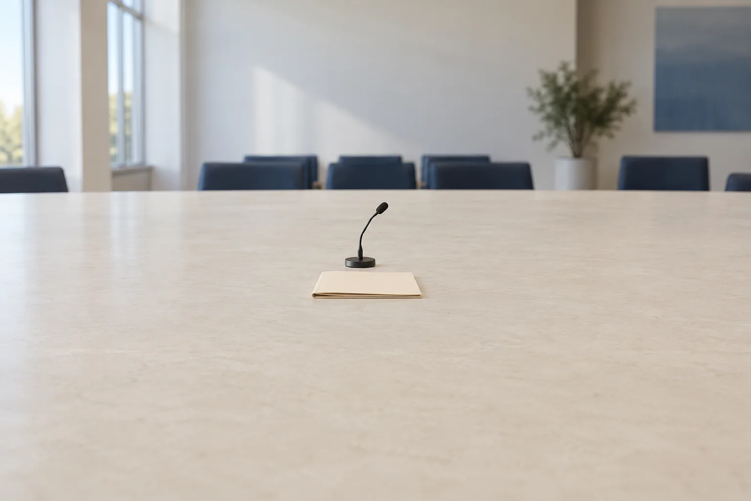 AI-generated editorial illustration of an unmarked folder and microphone on a generic meeting-room counter.