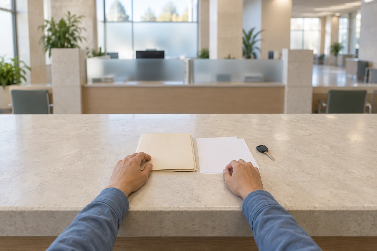 Planned illustration of a California driver reviewing auto insurance policy documents.